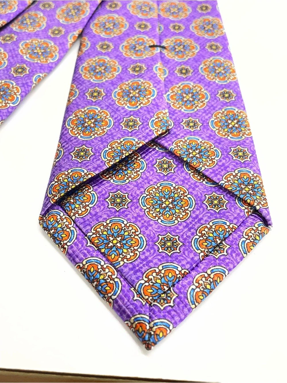 David Donahue Purple Medallion Silk Tie with Orange and Blue Accents